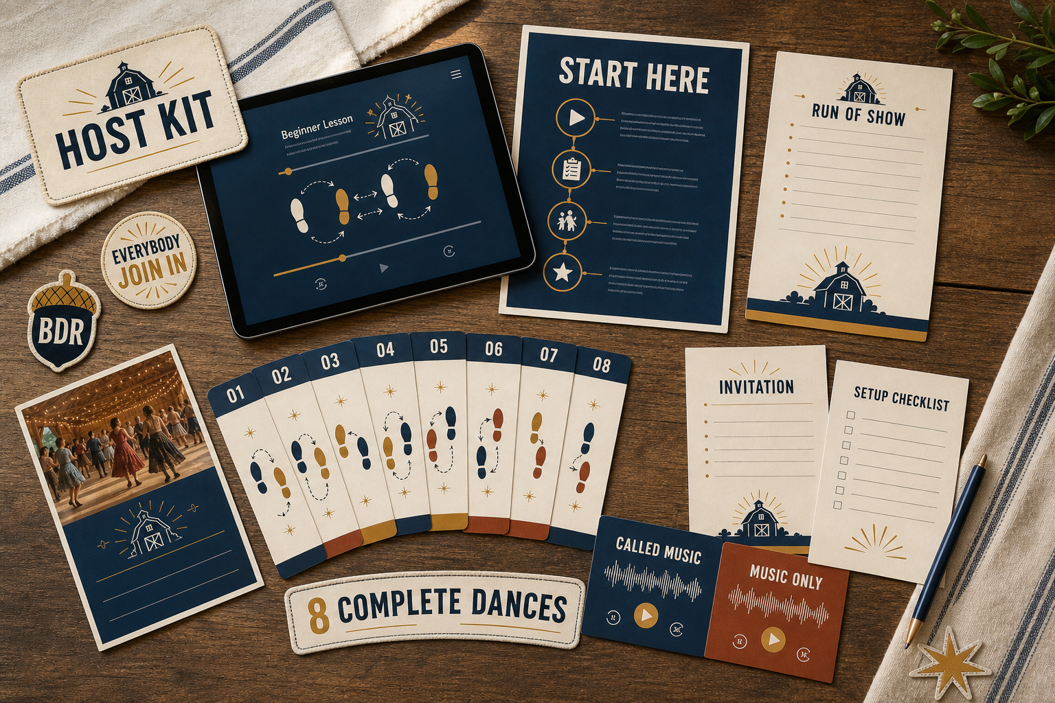Conceptual view of the digital Barn Dance Revival Host Kit with lessons, audio, calling cards, and organizer resources